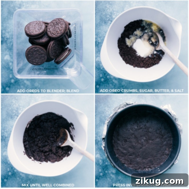 Process shots-- images of the Oreo crust being made and pressed into a pan for a chocolate cheesecake