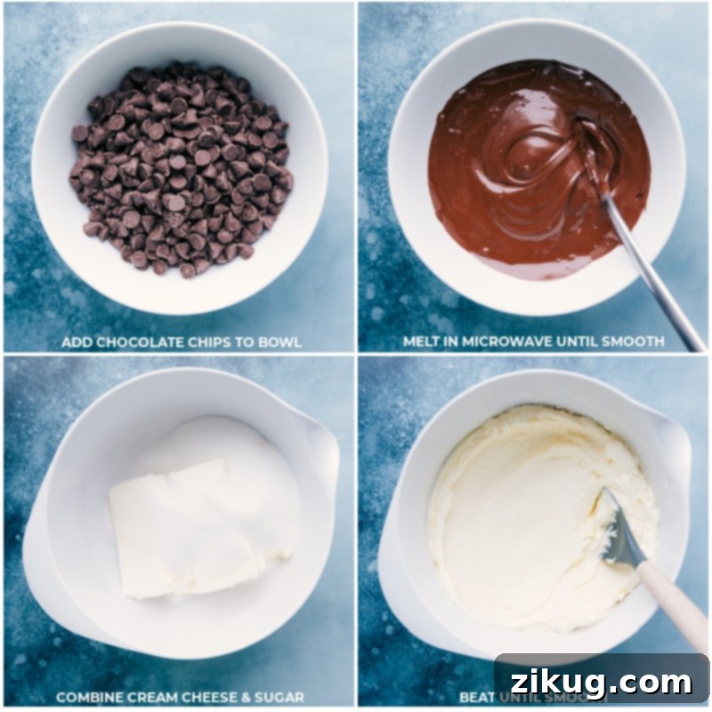 Process shots-- images of the Chocolate Cheesecake filling being made by melting chocolate chips and combining cream cheese and sugar