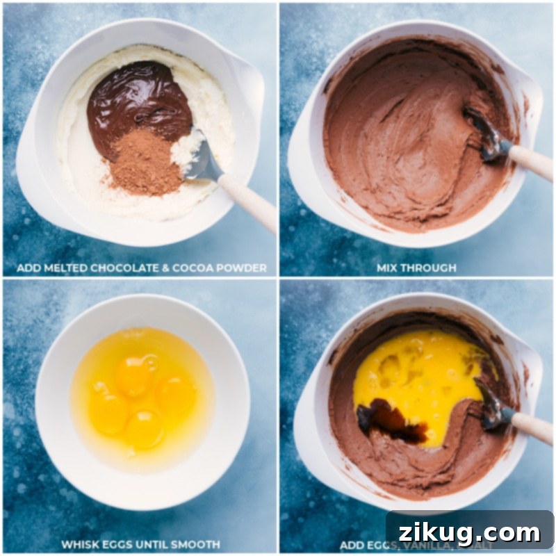 Process shots-- images of the melted chocolate and cocoa powder being added to the cream cheese sugar mixture and eggs, vanilla, and salt being added on top