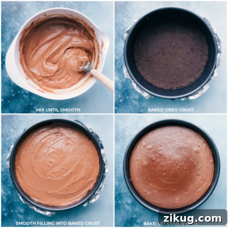 Process shots-- images of the chocolate cheesecake filling being added to the baked Oreo crust and then being baked again