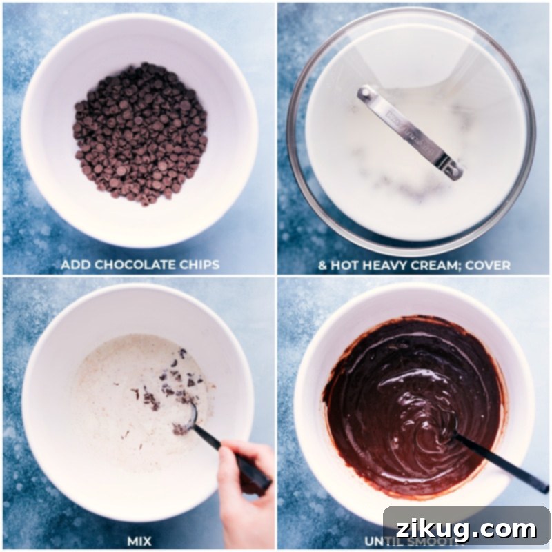 Creating the smooth and rich chocolate ganache, a key layer in our no-bake S'mores Icebox Cake. Recipe via ChelseasMessyApron #chocolate #ganache #dessertrecipe #easycooking Process images showing how to make the chocolate ganache: hot heavy cream being poured over chocolate chips, followed by stirring until smooth and glossy.