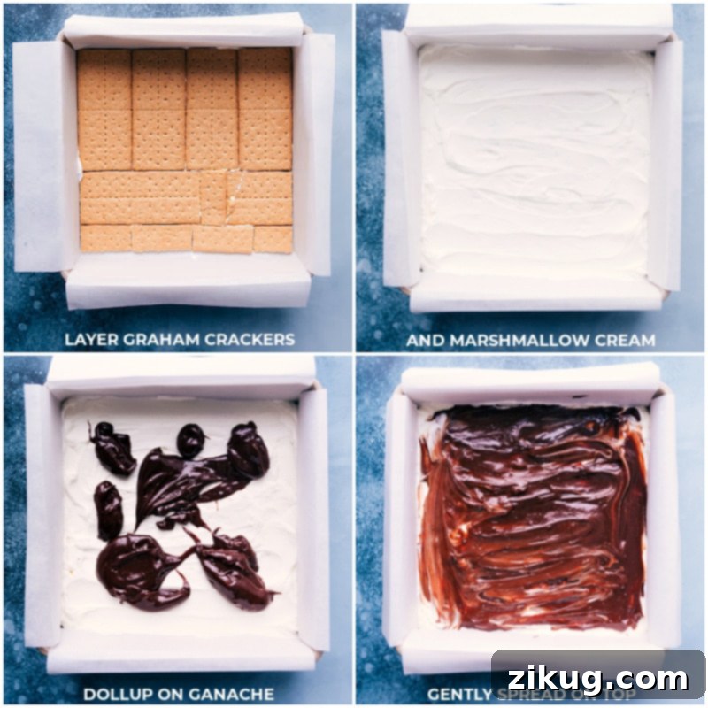 Building delicious layers: Graham crackers, marshmallow cream, and rich chocolate ganache create this irresistible no-bake S'mores Icebox Cake. #layereddessert #smoresrecipe #easybake A process shot showing the layering of the S'mores Icebox Cake: a layer of graham crackers, followed by marshmallow cream, and then smooth chocolate ganache.