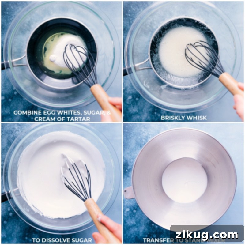 Preparing the optional meringue topping for a truly authentic toasted S'mores Icebox Cake experience. #meringue #smores #desserttopping Process shots of the S'mores Icebox Cake showing meringue topping being prepared and whisked to perfection.
