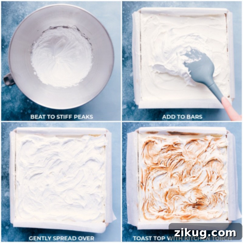 The final touch: Toasting the meringue topping with a kitchen torch transforms this S'mores Icebox Cake into a campfire-inspired masterpiece. #kitchenhacks #toastedmeringue #dessertlover Process shots of a finished S'mores Icebox Cake with meringue topping, being toasted with a kitchen torch to achieve golden-brown peaks.