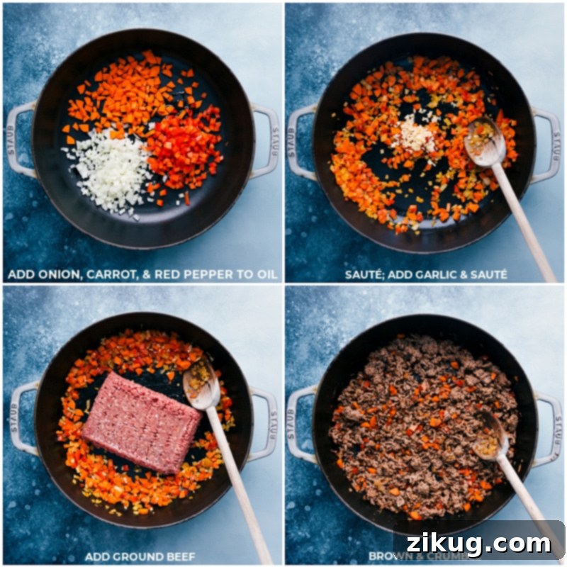 The initial steps for our favorite Crockpot Sloppy Joes! Sautéing veggies and browning meat builds essential flavor before slow cooking. Process shots showing sautéing vegetables, adding ground beef, and browning the meat for Slow Cooker Sloppy Joes