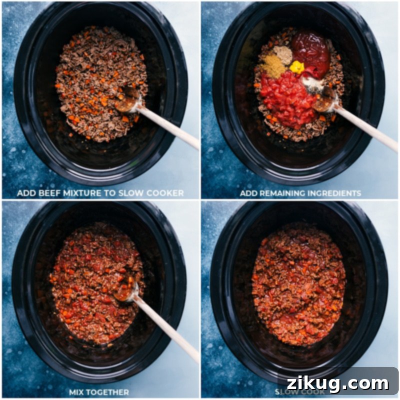The slow cooker works its magic, transforming simple ingredients into ultra-tender and deeply flavorful Sloppy Joes, ready to be loaded onto toasted brioche buns. Process shots showing adding beef mixture to the slow cooker, adding remaining ingredients, mixing everything, and cooking until ready