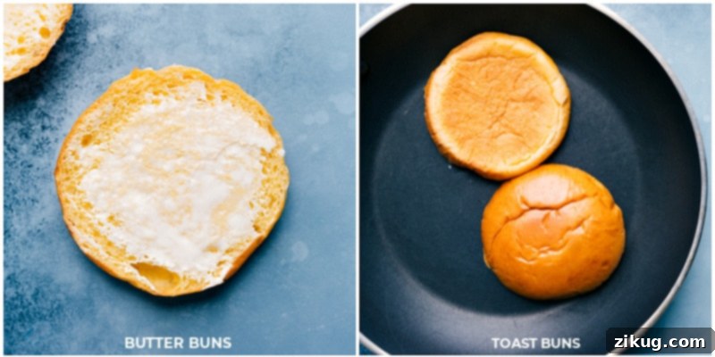 Toasting brioche buns is a simple step that elevates Crockpot Sloppy Joes, adding texture and preventing sogginess. Image of brioche buns being buttered and toasted to perfection for Crockpot Sloppy Joes