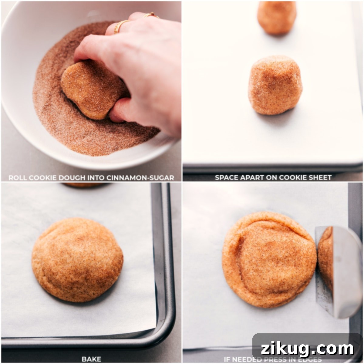 Shaping and Baking Snickerdoodle Dough Snickerdoodle dough being shaped, coated in cinnamon sugar, and baked to perfection on a baking sheet for a delicious recipe.