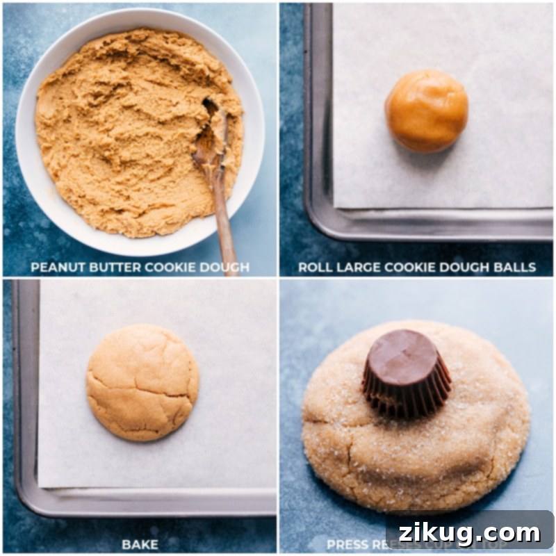 Process shots showing the making of peanut butter cookie dough, rolling dough balls, baking, and pressing a peanut butter cup onto a warm cookie.