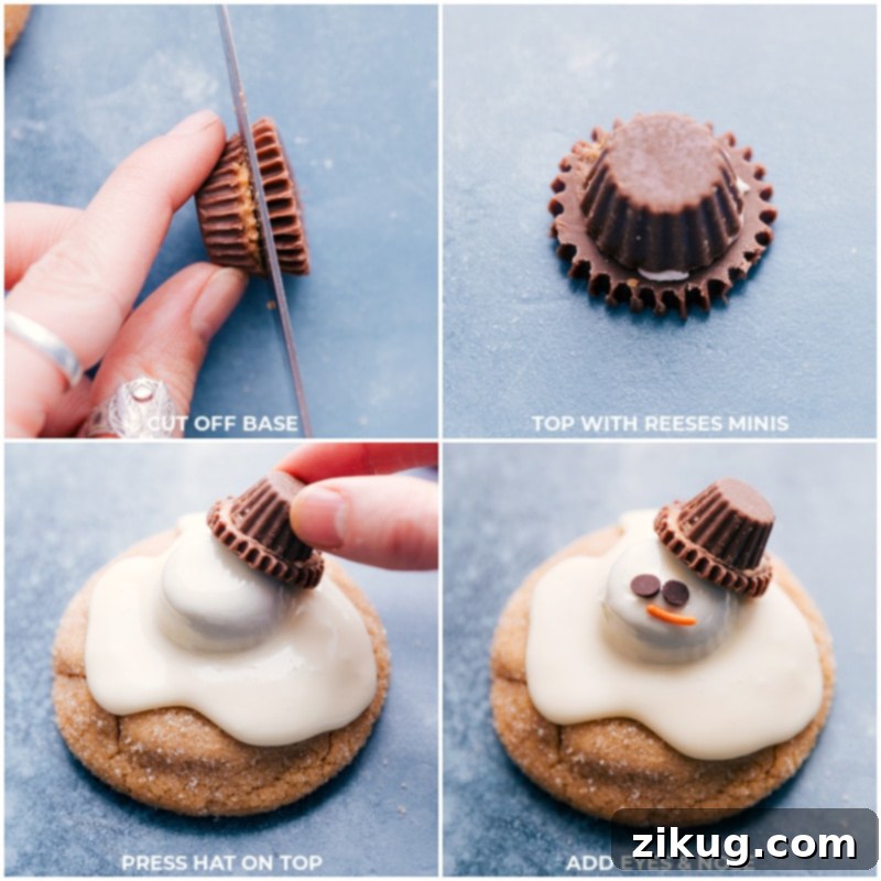 Process shots showing how to cut a Reese's Mini for the hat, attach it to the snowman head, and add mini chocolate chip eyes and an orange sprinkle nose.