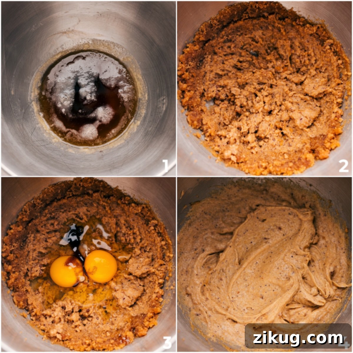 Mixing Wet Ingredients for Brown Butter Oatmeal Chocolate Chip Cookies Combining all the wet ingredients for the cookie dough in a single mixing bowl.