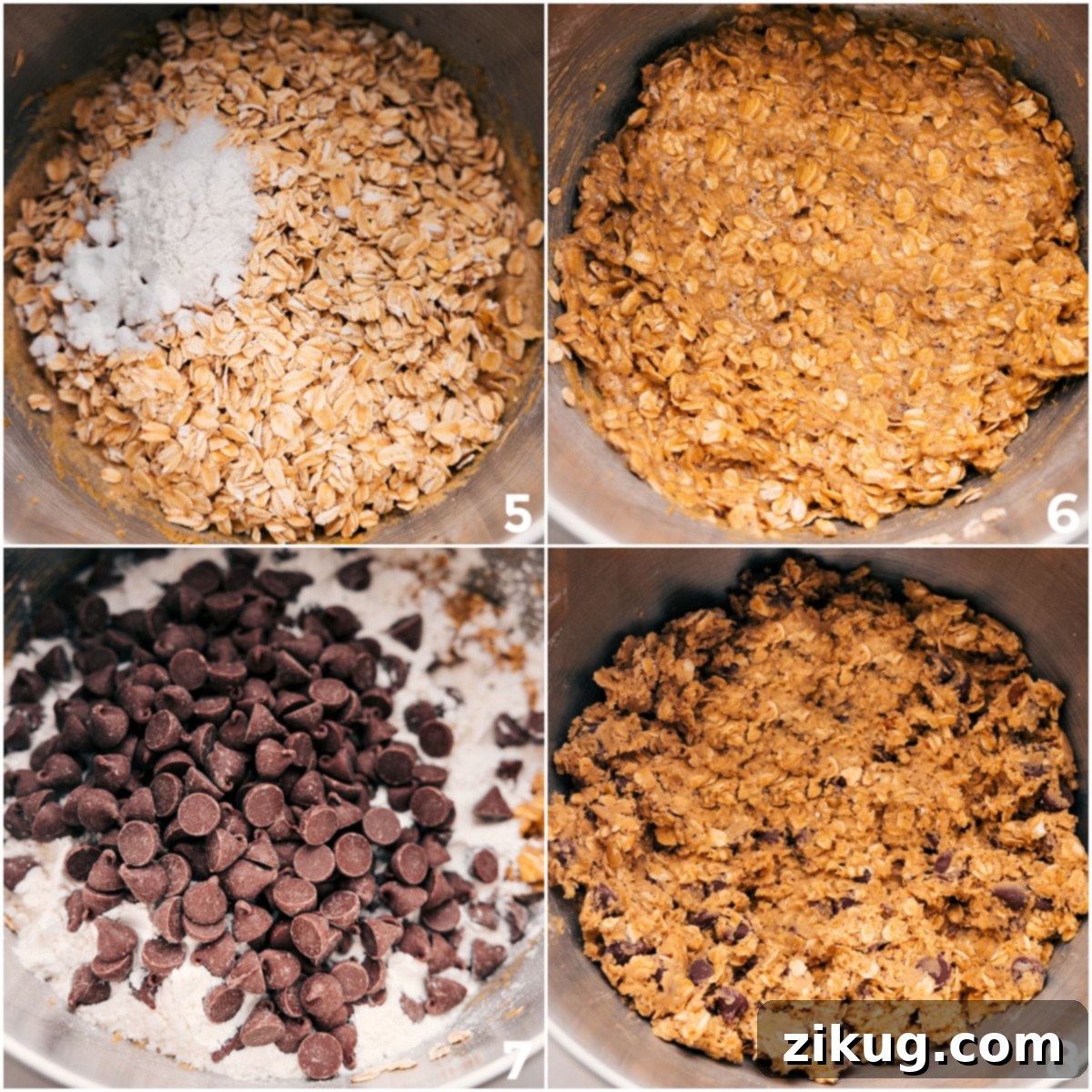 Crafting Browned Butter Chocolate Chip Cookies: From Adding Oats to Preparing for Baking Adding dry ingredients like oats, baking agents, and chocolate chips to the cookie dough, and mixing thoroughly for these Brown Butter Oatmeal Chocolate Chip Cookies.
