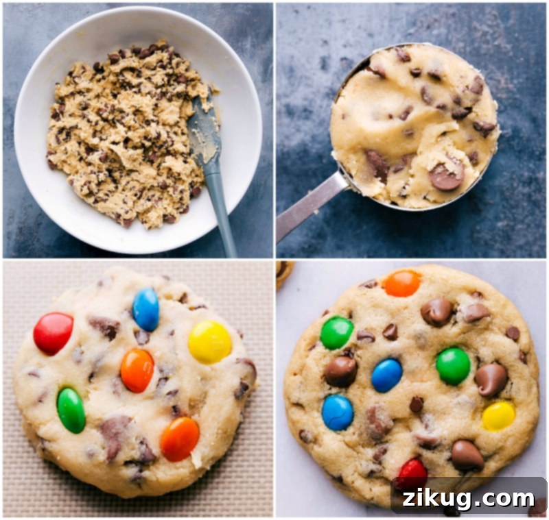 These are tried-and-true family-favorite Chocolate Chip M&M Cookies with two secret ingredients-- no wonder they're the best! These cookies are crisp on the outside and soft and chewy in the center. Cookie dough preparation steps: measuring uniform balls, pressing M&M's on top for decoration, and freshly baked cookies cooling on a wire rack.