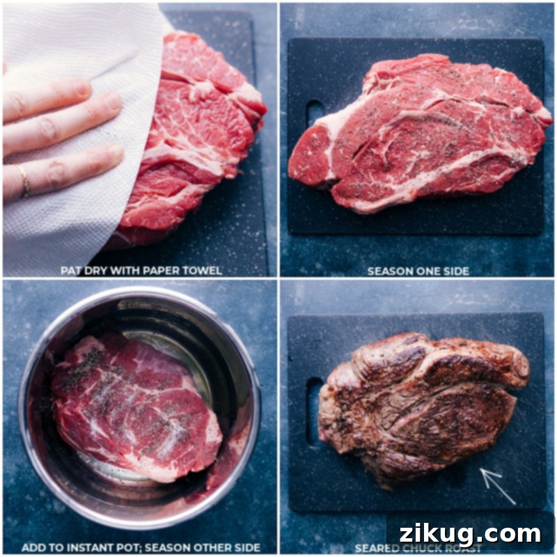 Preparation of tender chuck roast for Instant Pot Beef Stroganoff. Step-by-step images showing chuck roast being seasoned, seared, and cooked for Beef Stroganoff.