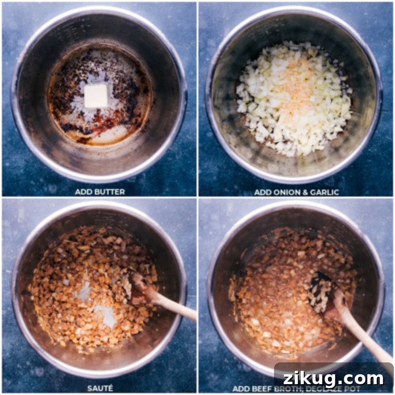 Sautéing aromatics and deglazing the Instant Pot for Beef Stroganoff. Cooking steps for Instant Pot Beef Stroganoff, showing butter, onions, garlic, and beef broth in the pot.