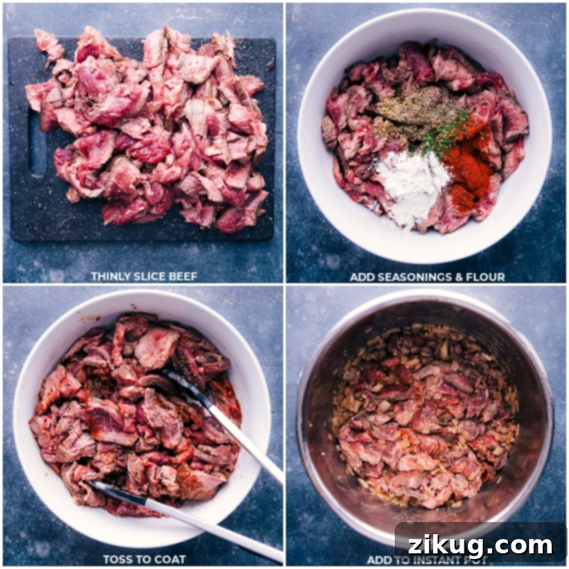Seasoning and adding sliced beef to the Instant Pot for Stroganoff. Preparing beef for Instant Pot Stroganoff: thinly slicing, seasoning with flour and herbs, then adding to the pot.