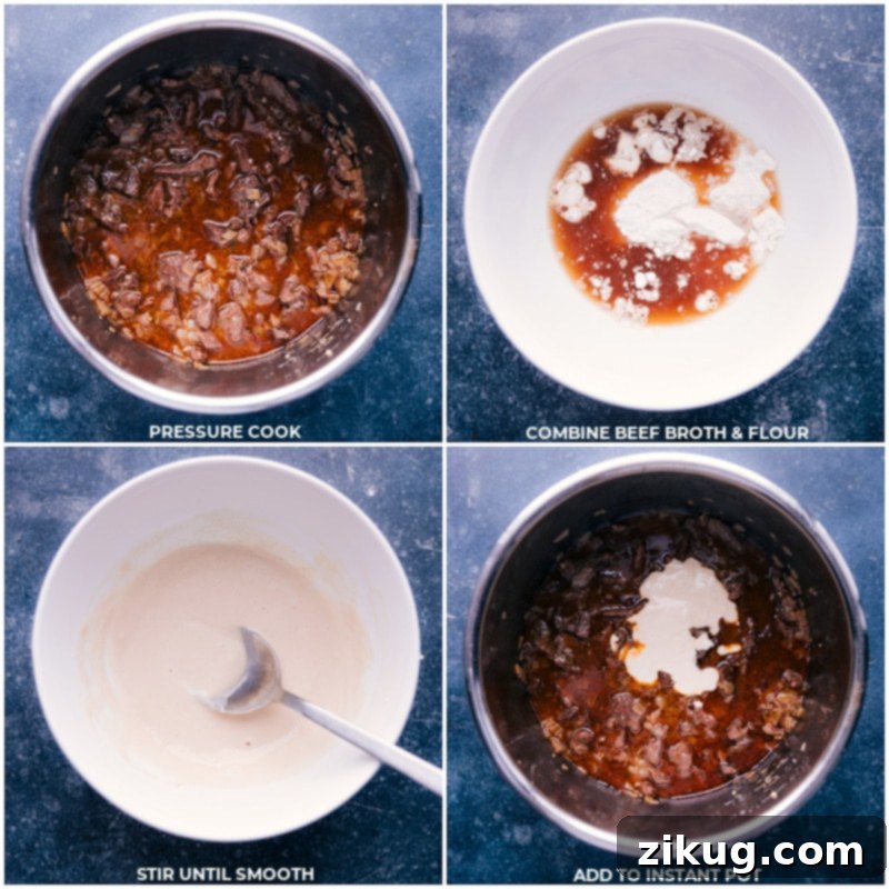 Thickening the creamy sauce for Instant Pot Beef Stroganoff after pressure cooking. Steps for Instant Pot Stroganoff: pressure cooking beef, preparing a flour slurry, and combining for a thickened sauce.