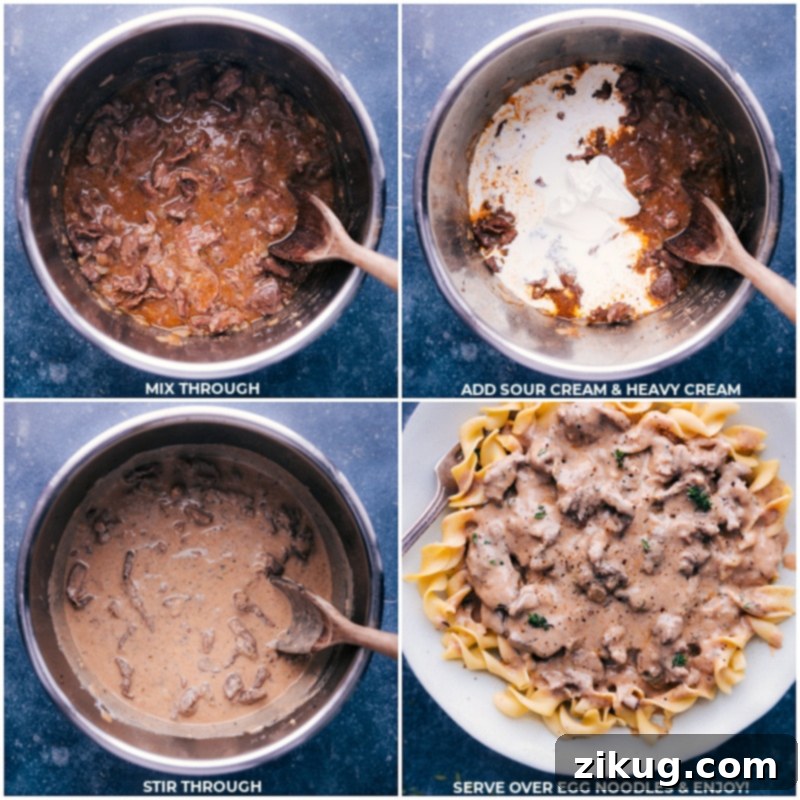 Final step of preparing the creamy Beef Stroganoff sauce with dairy. Adding sour cream and heavy cream to the Instant Pot to finish the creamy Beef Stroganoff sauce.