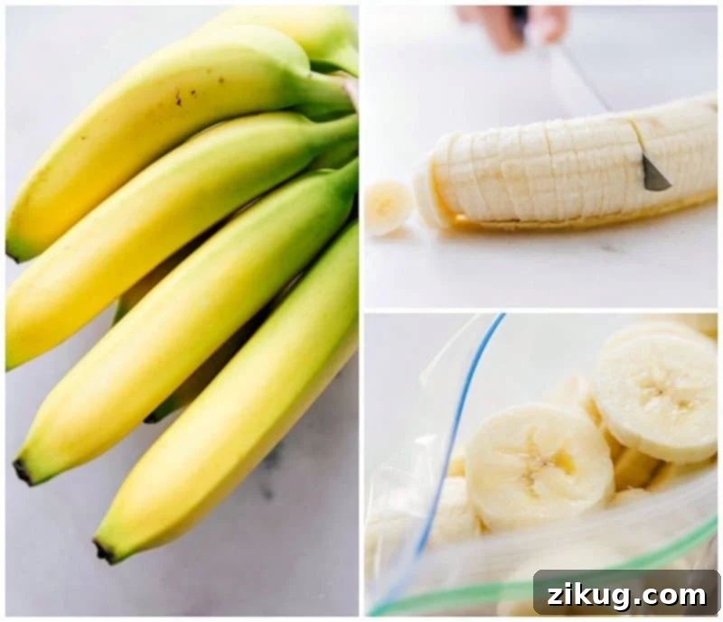 Fresh bananas being expertly sliced and then placed into a clear freezer bag, demonstrating a key preparation step for a delicious and nutritious Green Smoothie recipe.