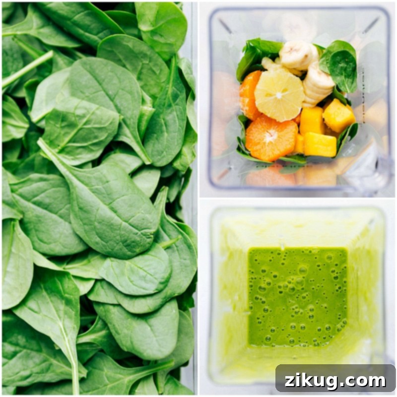 A comprehensive display of all fresh ingredients laid out for the green smoothie recipe, presented alongside a finished glass of the creamy, blended smoothie, ready to be enjoyed.