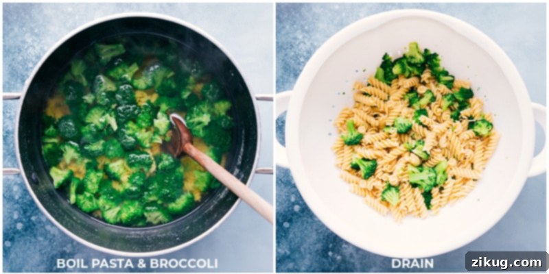 Process shots showing boiling pasta and broccoli, then draining in a colander for Broccoli Pasta.
