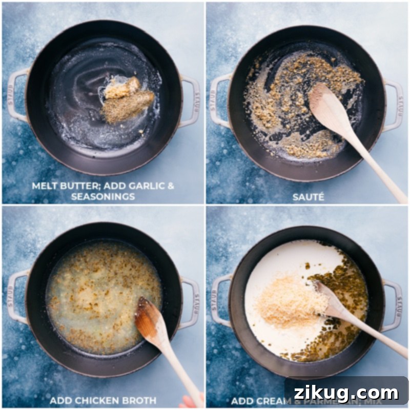 Process shots: Melting butter, adding seasonings, sauteing, then stirring in chicken broth, Parmesan, and cream for the Broccoli Pasta sauce.