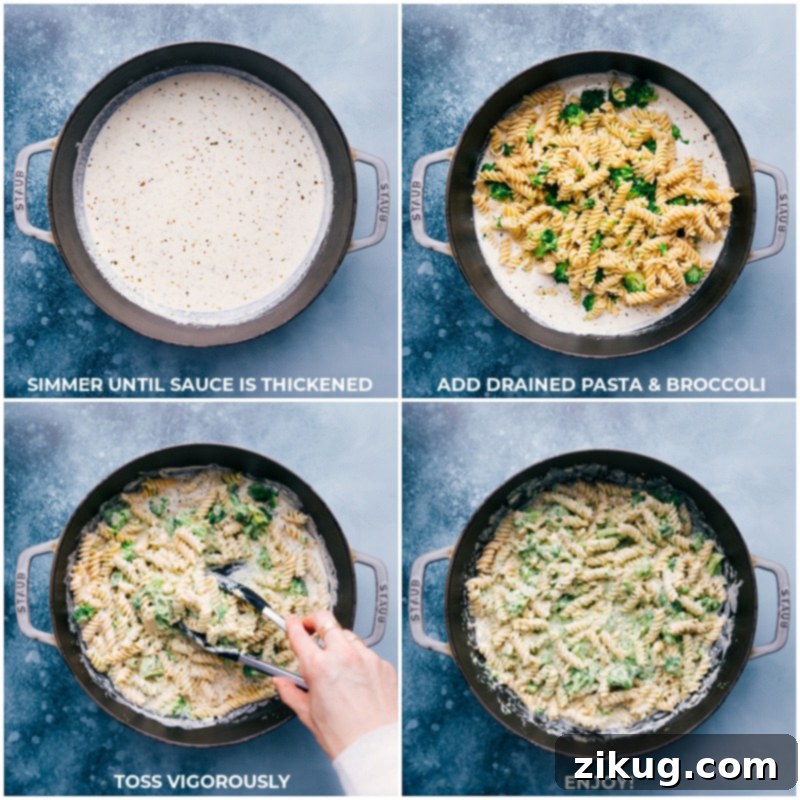 Process shots: Simmering the sauce, adding pasta and broccoli, tossing vigorously, and serving the Broccoli Pasta.