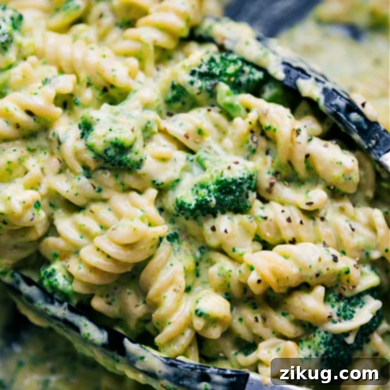 Close-up of Broccoli Pasta, showing texture and ingredients for a flavorful, easy, and quick family meal.