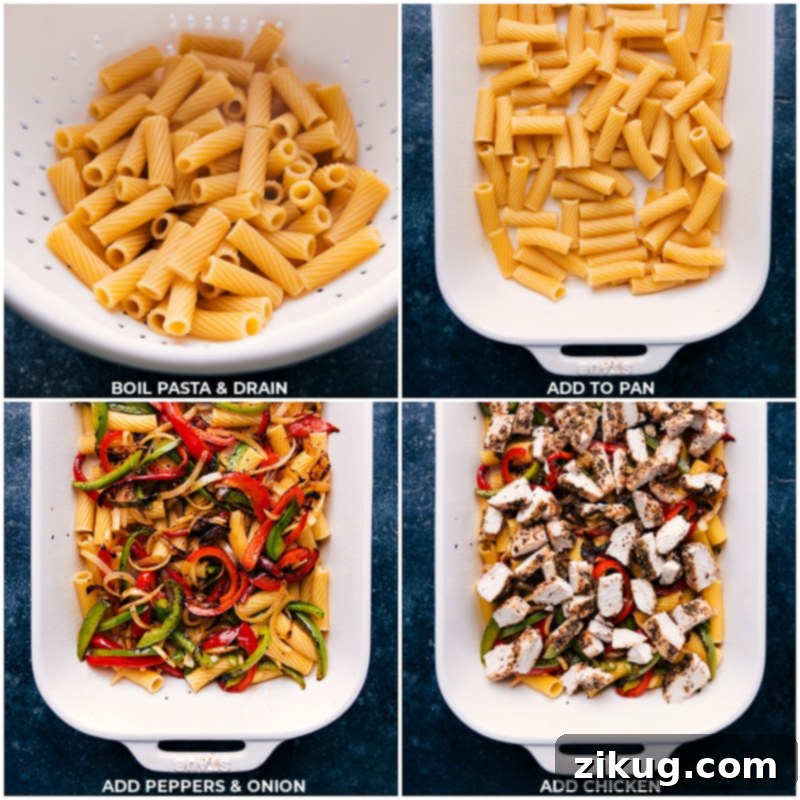 Process shots showing pasta, peppers, onions, and chicken combined in a baking dish