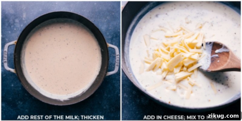 Process shots: adding more milk to thicken the sauce, then stirring in cheese