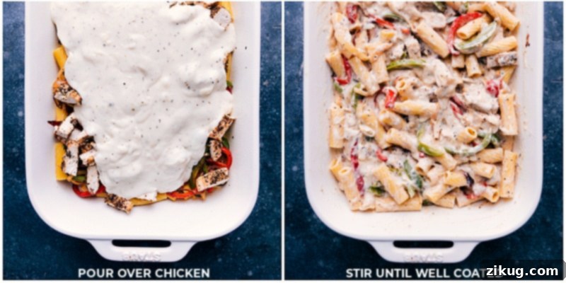 Process shots: Pouring the creamy sauce over the chicken and stirring to coat