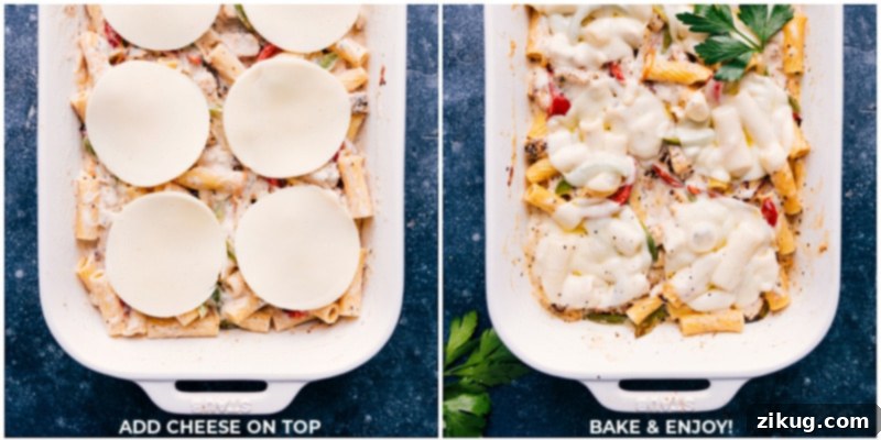 Process shots: topping the ziti with cheese and baking until golden