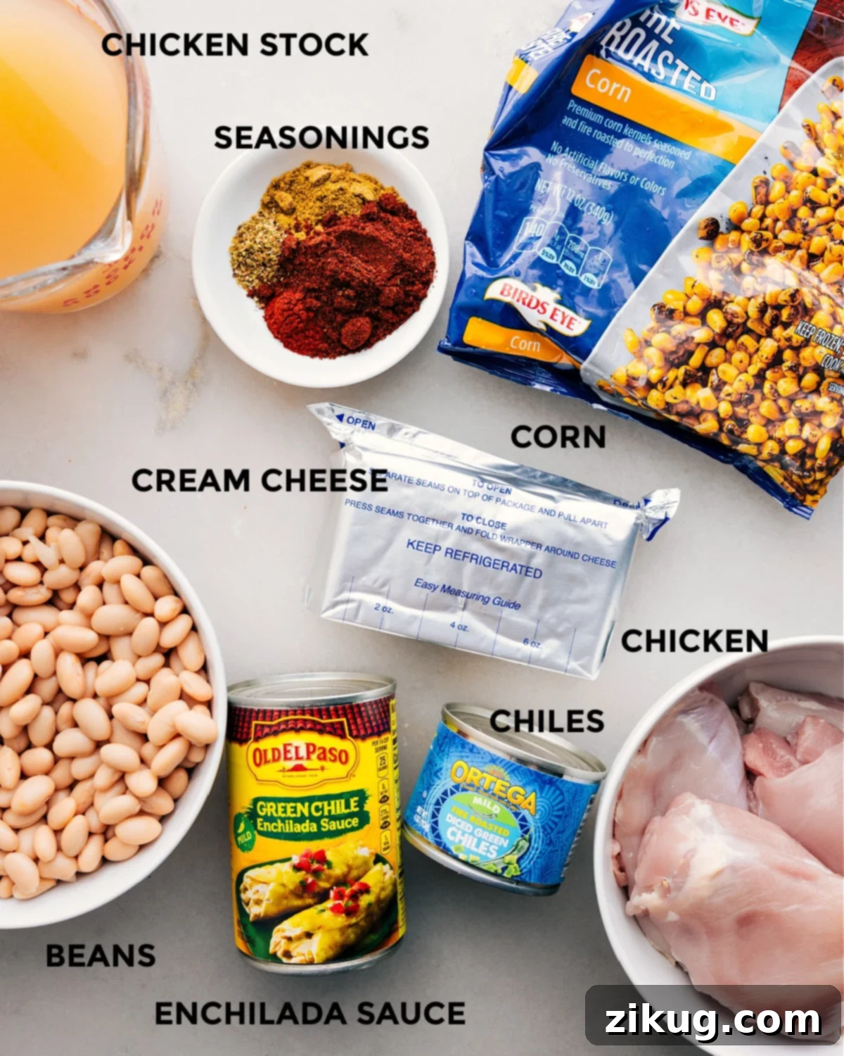 Ingredients In Crockpot White Chicken Chili Prep all the ingredients for this recipe, including stock, seasonings, corn, cream cheese, meat, chiles, beans, and enchilada sauce, for easy assembly in the crockpot.