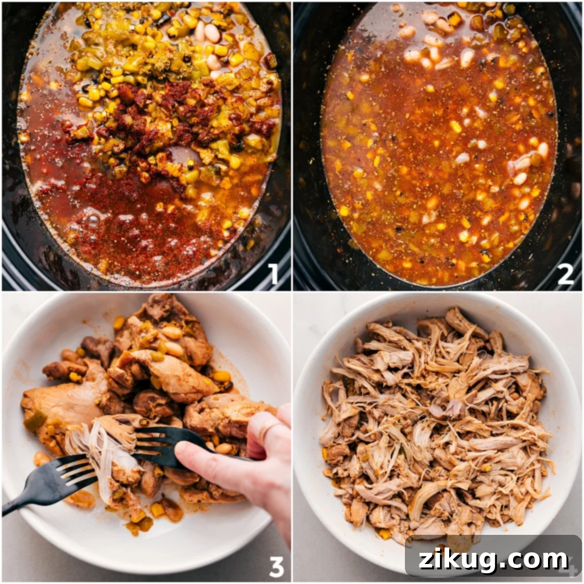 How To Make Crockpot White Chicken Chili Add all the ingredients for this crockpot white chicken chili to the crockpot to cook, then remove the chicken to shred before adding the cream cheese.