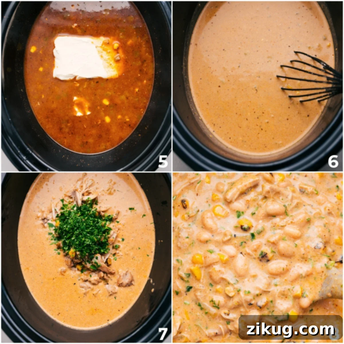 Creamy Crockpot White Chicken Chili Recipe Cream cheese, shredded meat, and fresh herbs being added into the slow cooker, creating a creamy and flavorful chili.