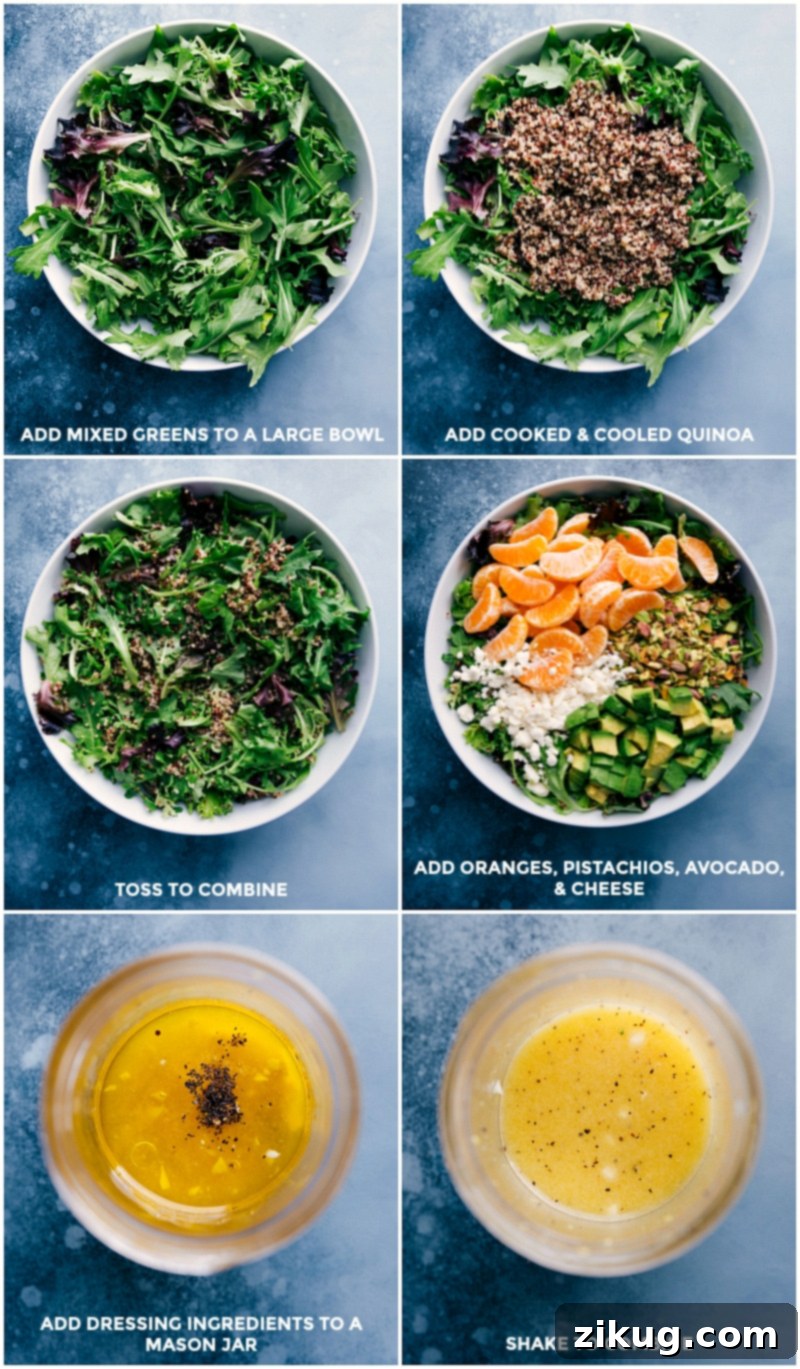 Step-by-step images showing mixed greens, cooked quinoa, clementine oranges, roasted pistachios, avocado, and crumbled cheese being combined, alongside the preparation of the citrus dressing.