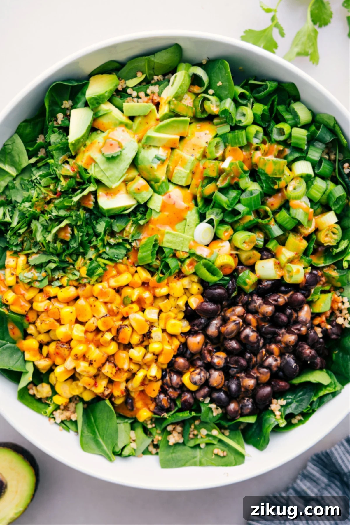 The Best Quinoa Corn Salad Recipe: A Flavorful and Healthy Meal A vibrant bowl of Quinoa Corn Salad generously drizzled with a zesty chipotle-lime dressing, ready to be enjoyed.