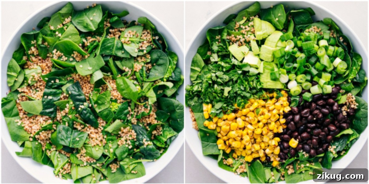 How To Make Quinoa Corn Salad: Step-by-Step Assembly Beginning the assembly of Quinoa Corn Salad: cooled quinoa is tossed with fresh spinach, and then the remaining vibrant ingredients are added on top, ready for the dressing.