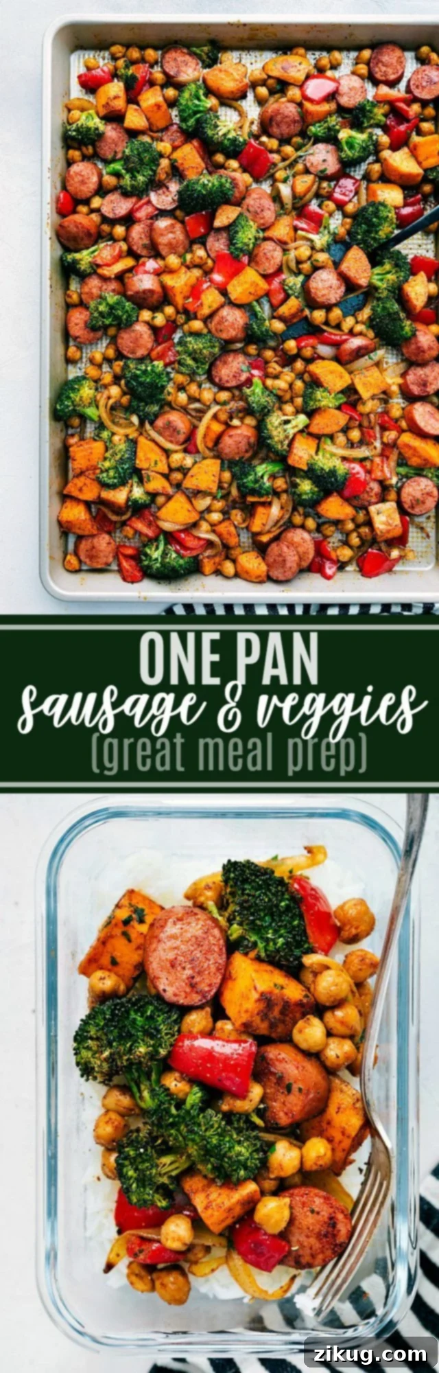Effortless One-Pan Sausage and Chickpeas 2 One-Pan Healthy Sausage and Veggies with Chickpeas | Easy Weeknight Meal | Quick Cleanup | Family-Friendly | Meal Prep | Healthy Sheet Pan Dinner | Smoked Sausage, Sweet Potatoes, Broccoli, Bell Pepper, Onion