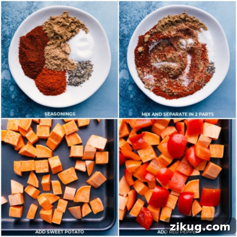 The initial steps of preparing One-Pan Sausage and Chickpeas: combining Mexican-inspired seasonings and tossing sweet potatoes and bell peppers with olive oil before the first roast. #processshots #sheetpanrecipe #easycooking Process images showing seasoning mix preparation and sweet potatoes with red peppers on a sheet pan ready for roasting