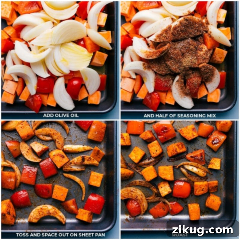 Continuing the process for One-Pan Sausage and Chickpeas: combining onions, bell peppers, and seasonings for the second round of roasting, ensuring all components achieve perfect texture and flavor. #cookingprocess #sheetpanmeals #healthydinner Process images showing adding onions, bell peppers, and seasonings to the sheet pan for the second roasting stage