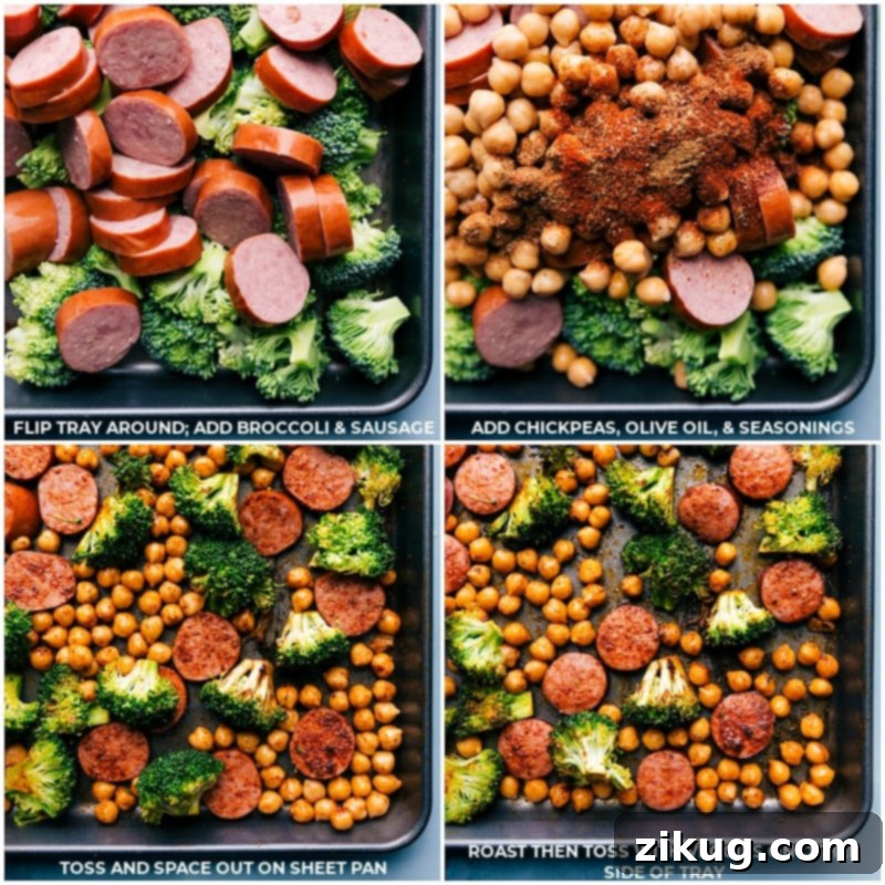 The final stage of preparation for One-Pan Sausage and Chickpeas: adding broccoli, smoked sausage, and chickpeas with the remaining seasonings to the sheet pan for a delicious and healthy roast. #onepanrecipe #quickdinner #healthymealprep Process images showing broccoli, sausage, chickpeas, and seasonings being added to the sheet pan for the final roasting phase of Sausage and Chickpeas