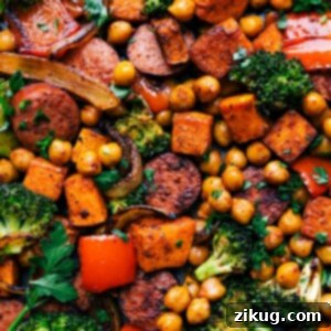 Effortless One-Pan Sausage and Chickpeas 3 A serving of One-Pan Sausage and Chickpeas with vegetables