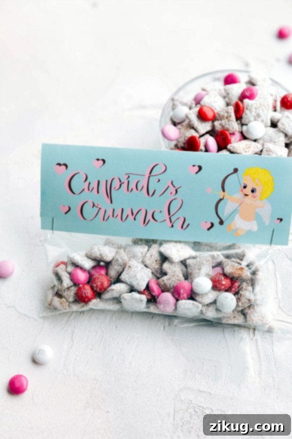 Effortless Valentine's Day Gift Ideas 6 Cupid's Crunch muddy buddies in a Valentine's Day gift bag.