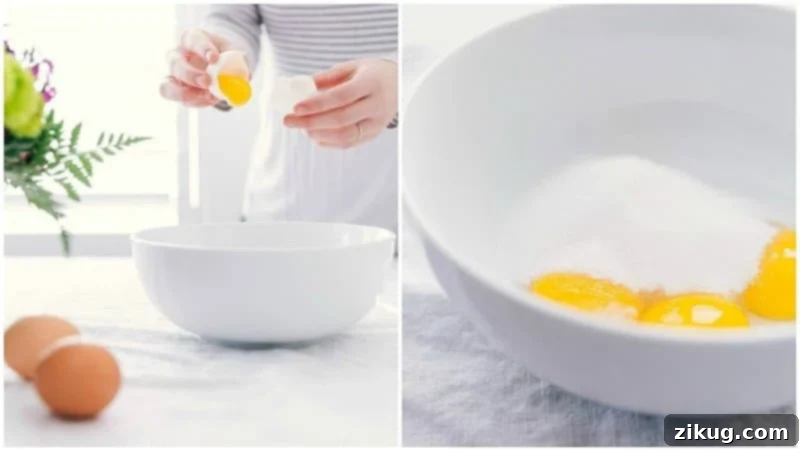 Separating egg yolks into a bowl and adding sugar, a crucial step in preparing the Crème Brûlée custard.