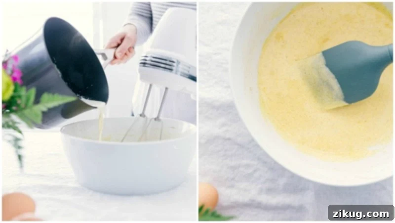 Tempering the eggs with warm cream, a delicate technique essential for a smooth Crème Brûlée custard.