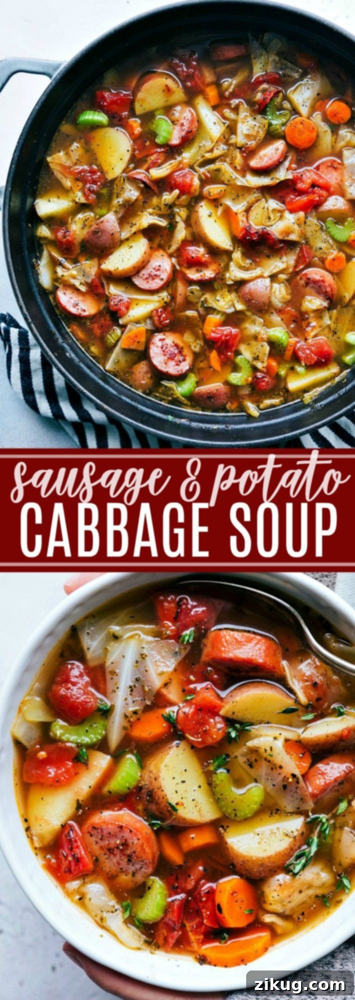 A thick and hearty sausage, potato, and cabbage soup, packed with flavorful ingredients like cabbage, celery, carrots, and potatoes, making it a healthy and easy meal. chelseasmessyapron.com
