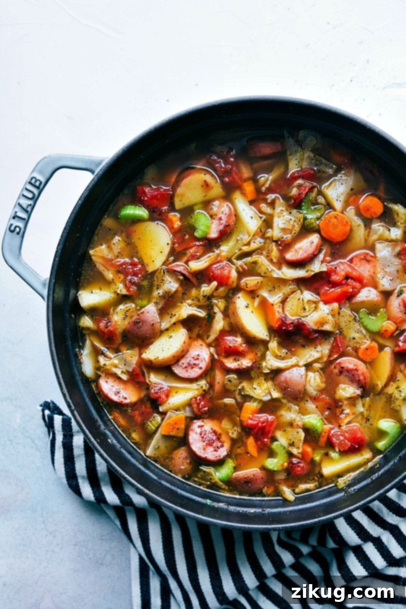 A beautifully presented bowl of hearty sausage, potato, and cabbage soup on a rustic wooden surface, inviting you to enjoy this flavorful and healthy meal. Perfect for family dinners and cold weather. chelseasmessyapron.com