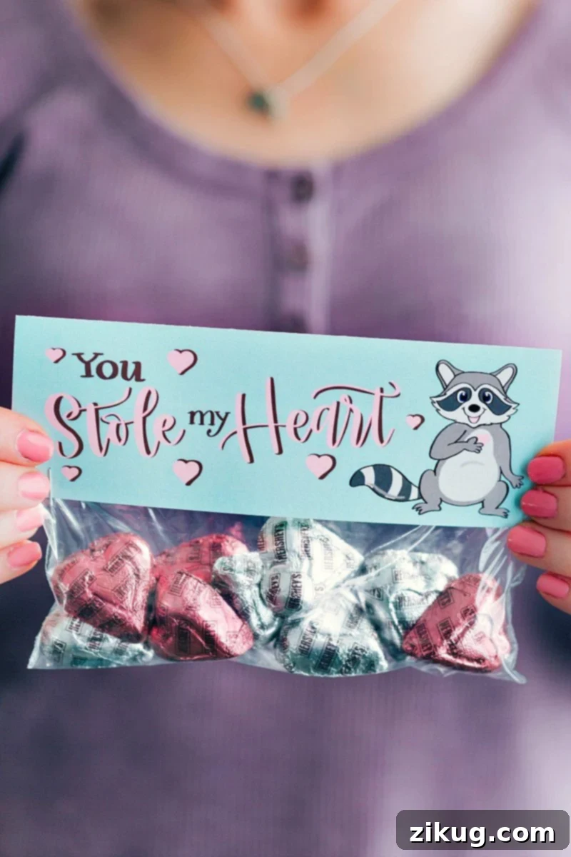 Valentine's Day Gifting Made Simple 6 Cute 'You Stole My Heart' chocolate candy hearts gift bag with a playful raccoon themed printable topper