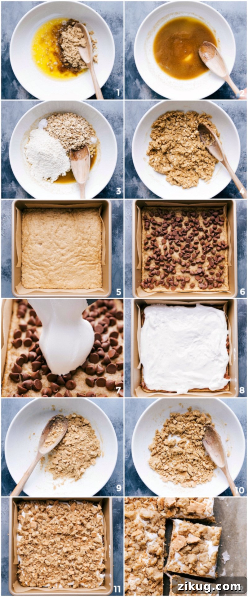 A series of images showing the step-by-step process of making S'mores cookie bars, from mixing ingredients and pressing the cookie layer to adding melted chocolate, marshmallow fluff, and the final graham cracker and cookie crumble topping, culminating in a tray of golden-brown, finished bars.